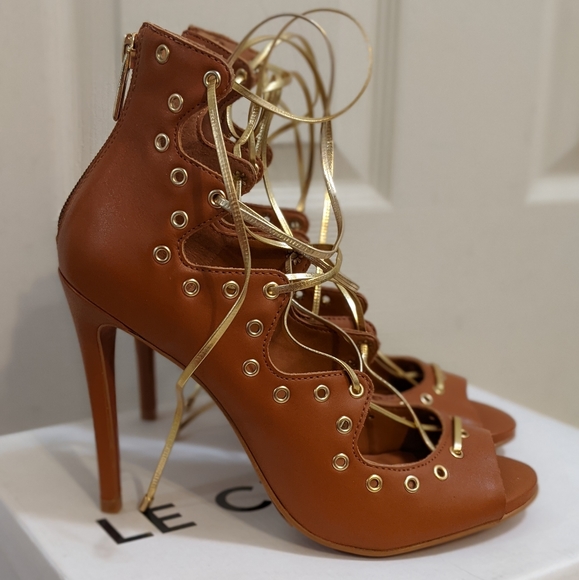 New tan leather Brazil designer lace-up 39 stiletto sandals - Picture 4 of 9